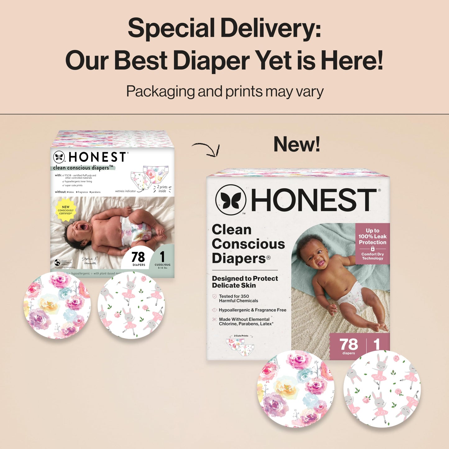 The Honest Company Clean Conscious Diapers for Delicate Skin | Up to 100% Leakproof | Hypoallergenic, Fragrance Free | Girl Prints | Club Box, Size 1 (8-14 lbs), 78 Count (Prints May Vary)