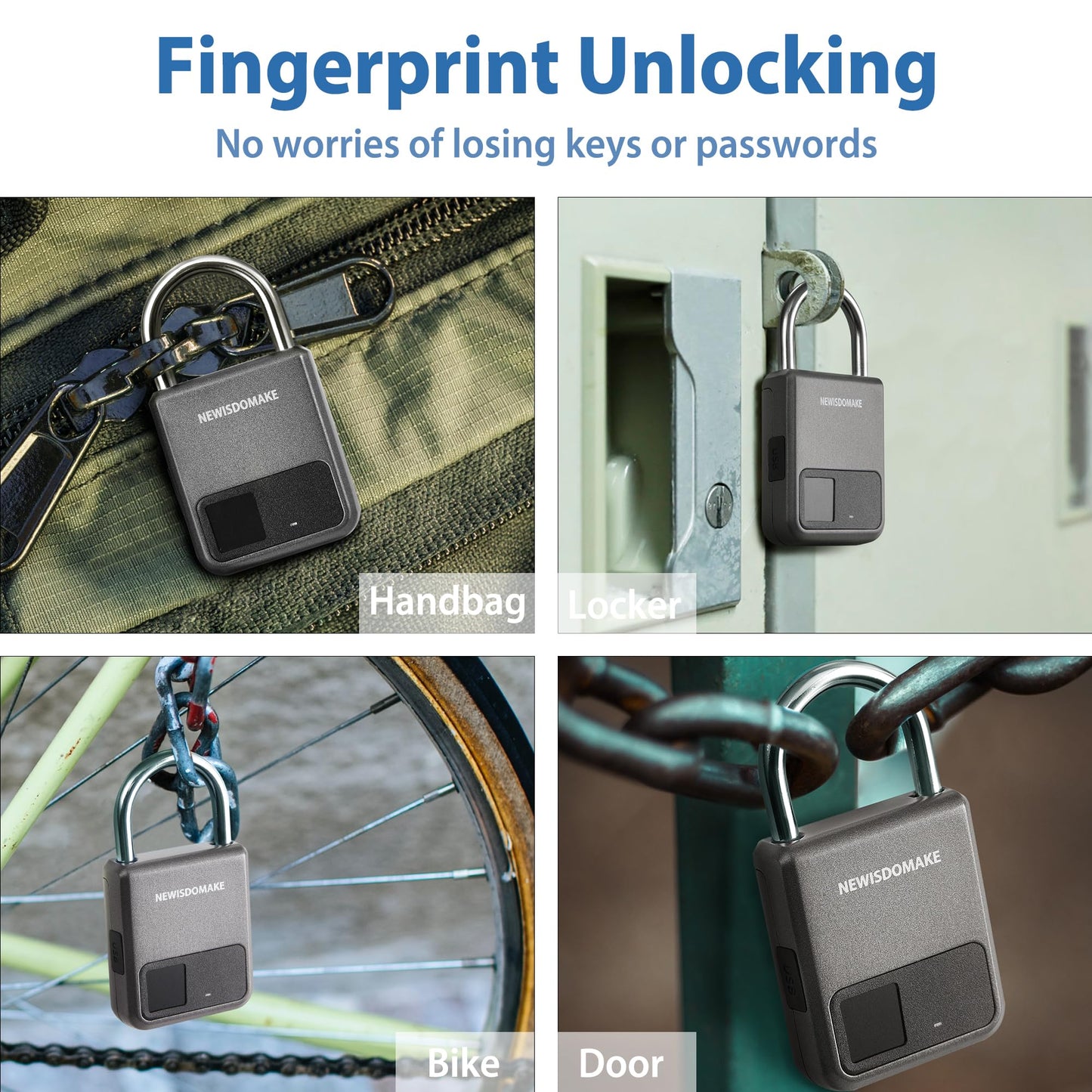 Fingerprint Padlock, Smart Padlock with USB Charging Support, Fingerprint Lock, Biometric Lock Suitable for Luggage, Bookcase, Suitcase, Backpack, Bike, School Locker, Gym Locker Lock(Gray)