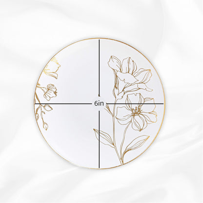 [6'' Plates 40 Count] White Plastic Floral Design Party Plates With Gold Rim Premium heavyweight Elegant Disposable Tableware Dishes