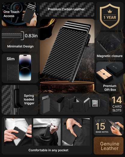 typecase Mens Wallet Card Holder: Pop Up Aluminum Case, Genuine Leather, Smart, RFID Blocking, Slim, Minimalist, Front Pocket - 9-14 Card Capacity | ID Window | Cash Slot (Carbon Fiber)