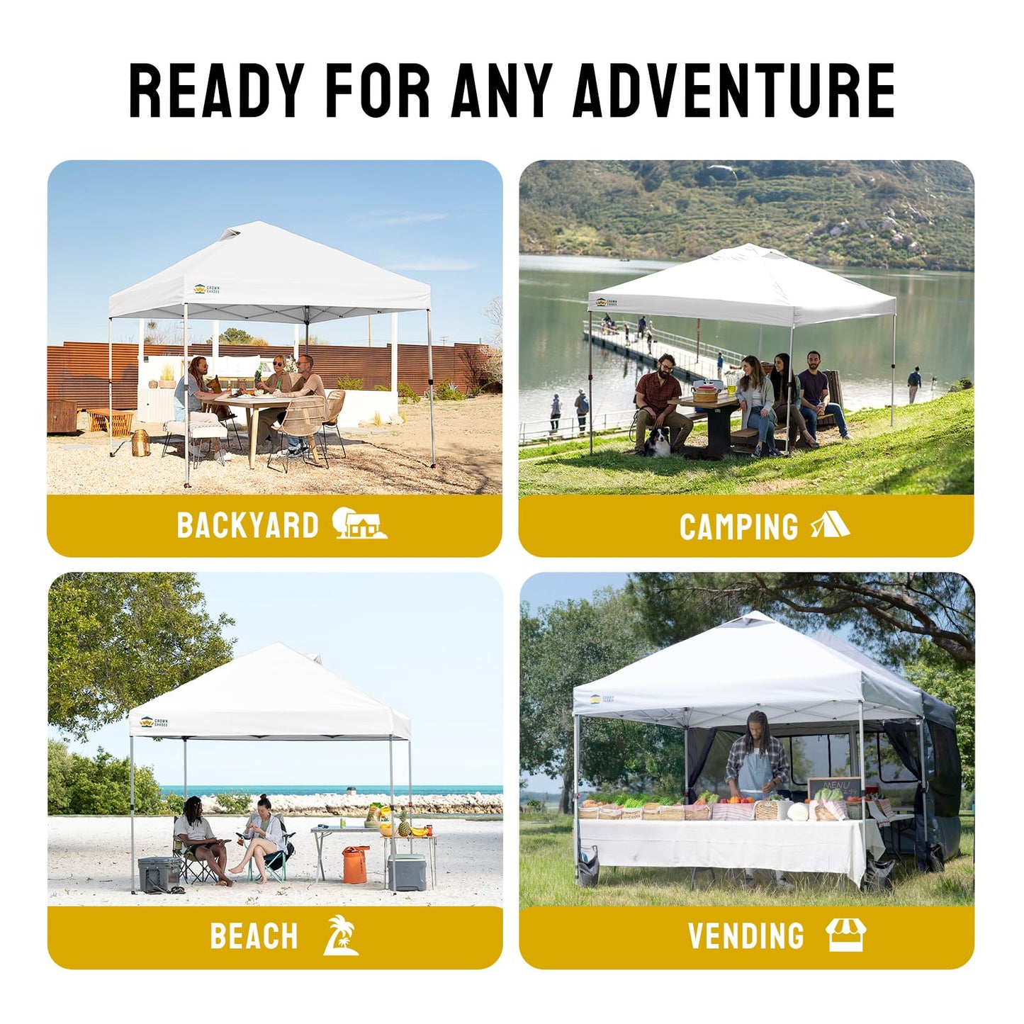 CROWN SHADES 10x10 Pop Up Canopy - Beach Tent with One Push Setup - Easy Outdoor Sun Shade for Events, Parties, Camping - Gazebo with STO-N-Go Cover Bag, Silver Coated Top, Grid White