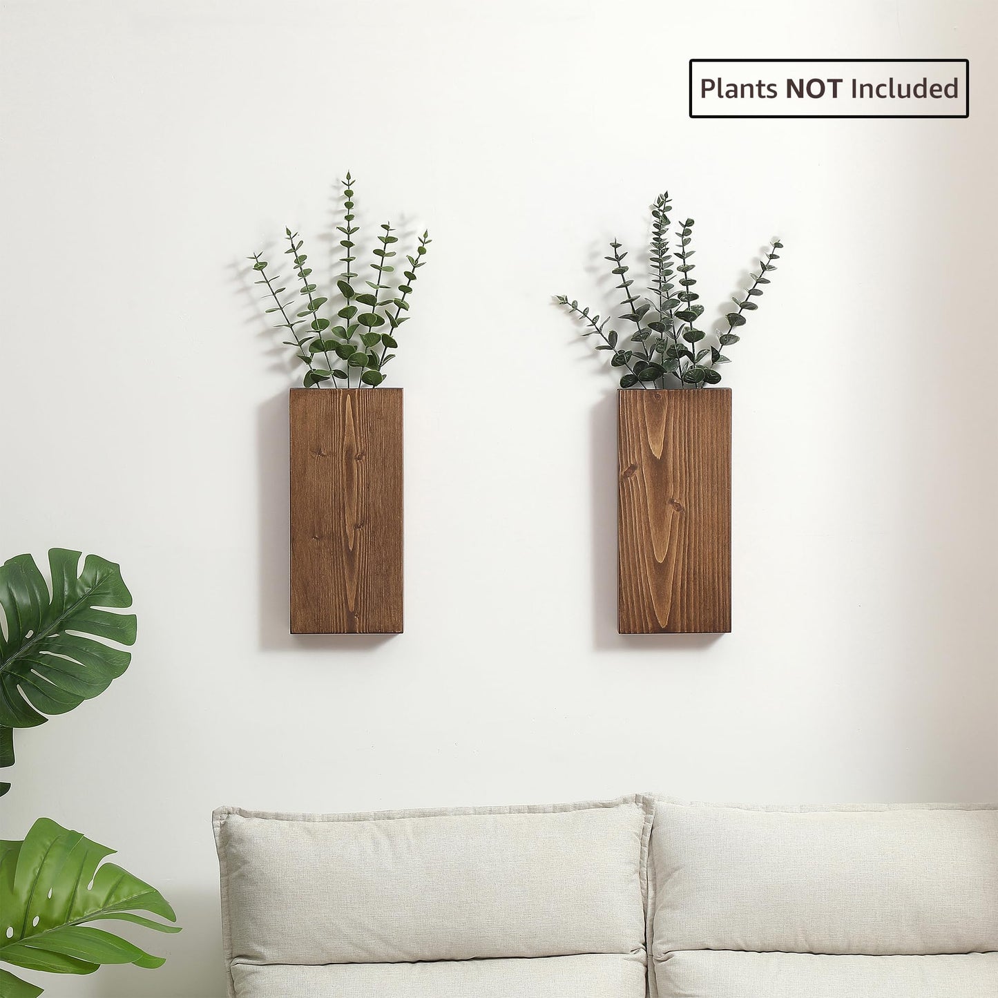 Wood Wall Planter Set of 2, Wall Pocket for Greenery and Dried Flowers, Indoor Wood Hanging Vase, Modern Farmhouse Wall Decor for Living Room Bedroom Office Eucalyptus Stems Decorations (Walnut)