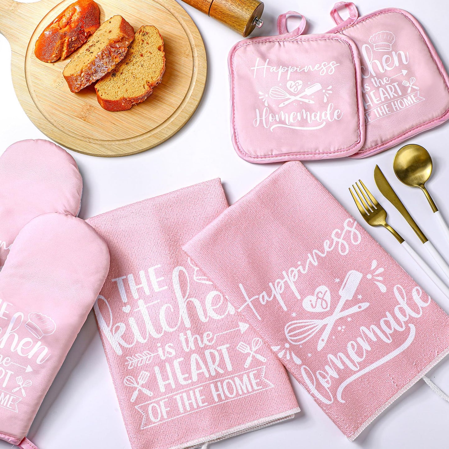 Sratte 6 Pcs Kitchen Decor Accessories Set Farmhouse Towels Pot Holders Oven Mitts Set 2 Dish Towels 2 Potholders 2 Cooking Mittens Oven Glove for Baking Cooking Supply(Pink,Kitchen)