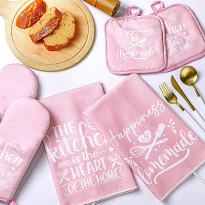 Sratte 6 Pcs Kitchen Decor Accessories Set Farmhouse Towels Pot Holders Oven Mitts Set 2 Dish Towels 2 Potholders 2 Cooking Mittens Oven Glove for Baking Cooking Supply(Pink,Kitchen)