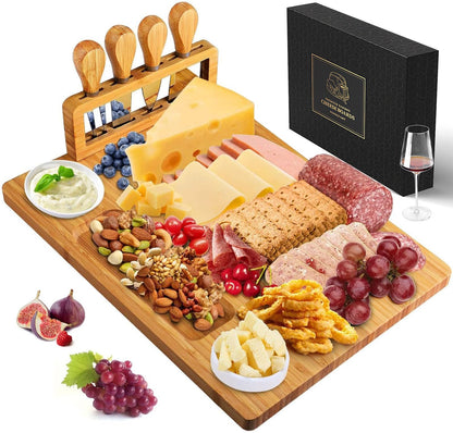 Xergur Bamboo Cheese Board Set - Charcuterie Boards and Serving Meat Platter, Cheese Tray with 4 Stainless Steel Cheese Knives Cutting Board Platter, Ideal for Halloween, Wedding, Christmas Gifts