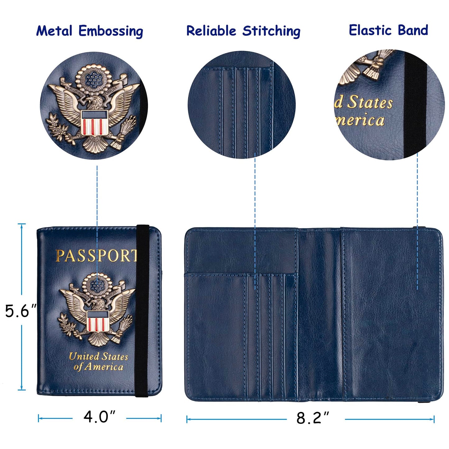 TOURSUIT RFID Blocking Passport Holder for Women Men, Leather Passport Travel Wallet with Metal 3D Metal Badge, Travel Document Holder Cover Accessories (Dark Blue)