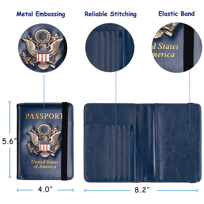 TOURSUIT RFID Blocking Passport Holder for Women Men, Leather Passport Travel Wallet with Metal 3D Metal Badge, Travel Document Holder Cover Accessories (Dark Blue)