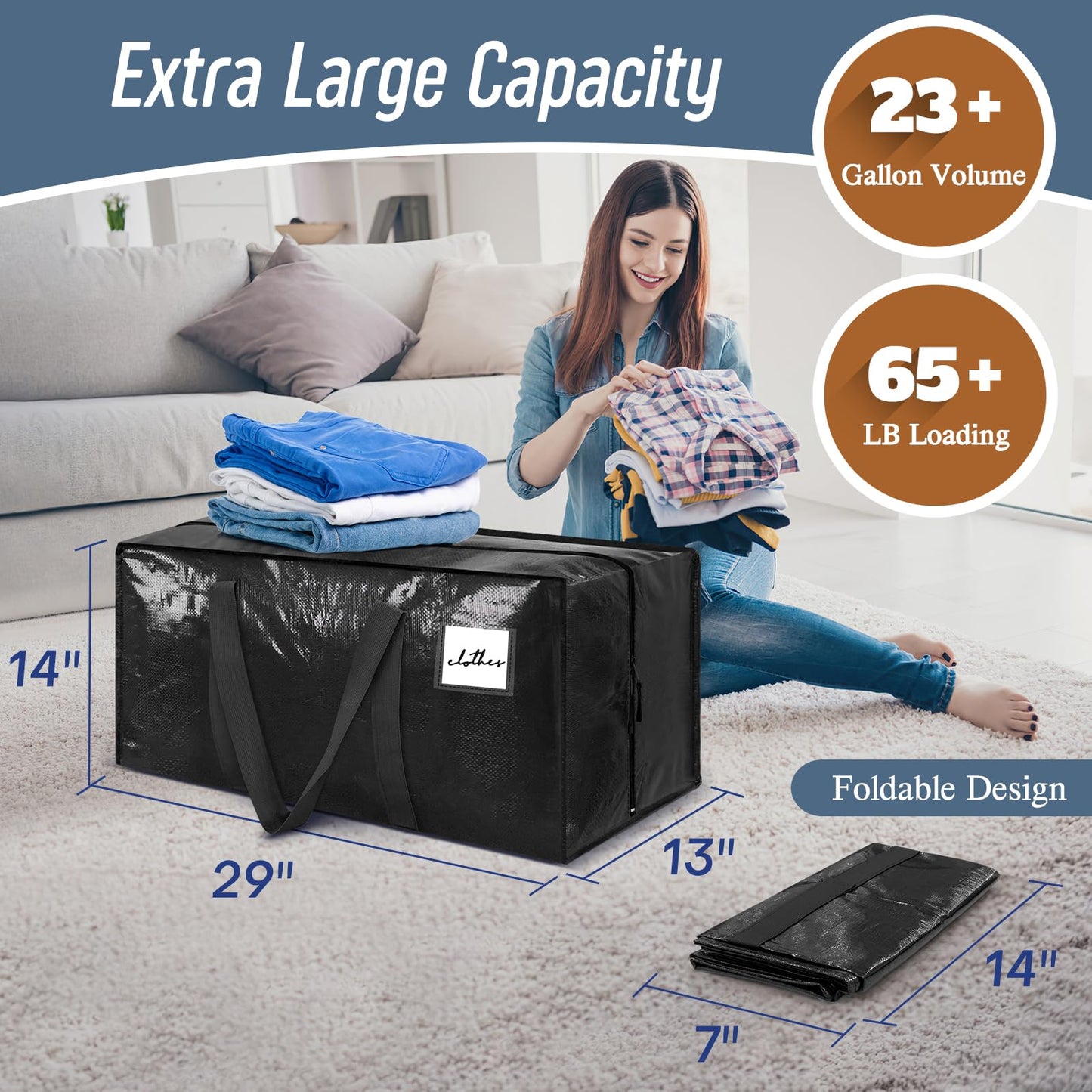 6 Pack Extra Heavy Duty Large Moving Bags with Strong Zipper & Comfortable Handles, Sturdy & Durable Clothes Storage Bags Totes Bins, Packing Moving Boxes for College Supplies, Black