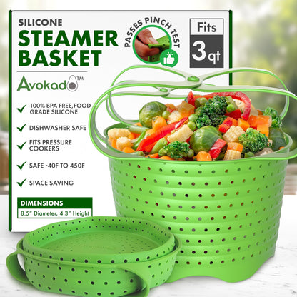 Avokado Silicone Steamer Basket for 3qt Instant Pot [6qt, 8qt avail], Ninja Foodi, Other Pressure Cookers - 100% Food Safe, BPA-Free, Dishwasher Safe Collapsible Vegetable Steamer Basket & Strainer