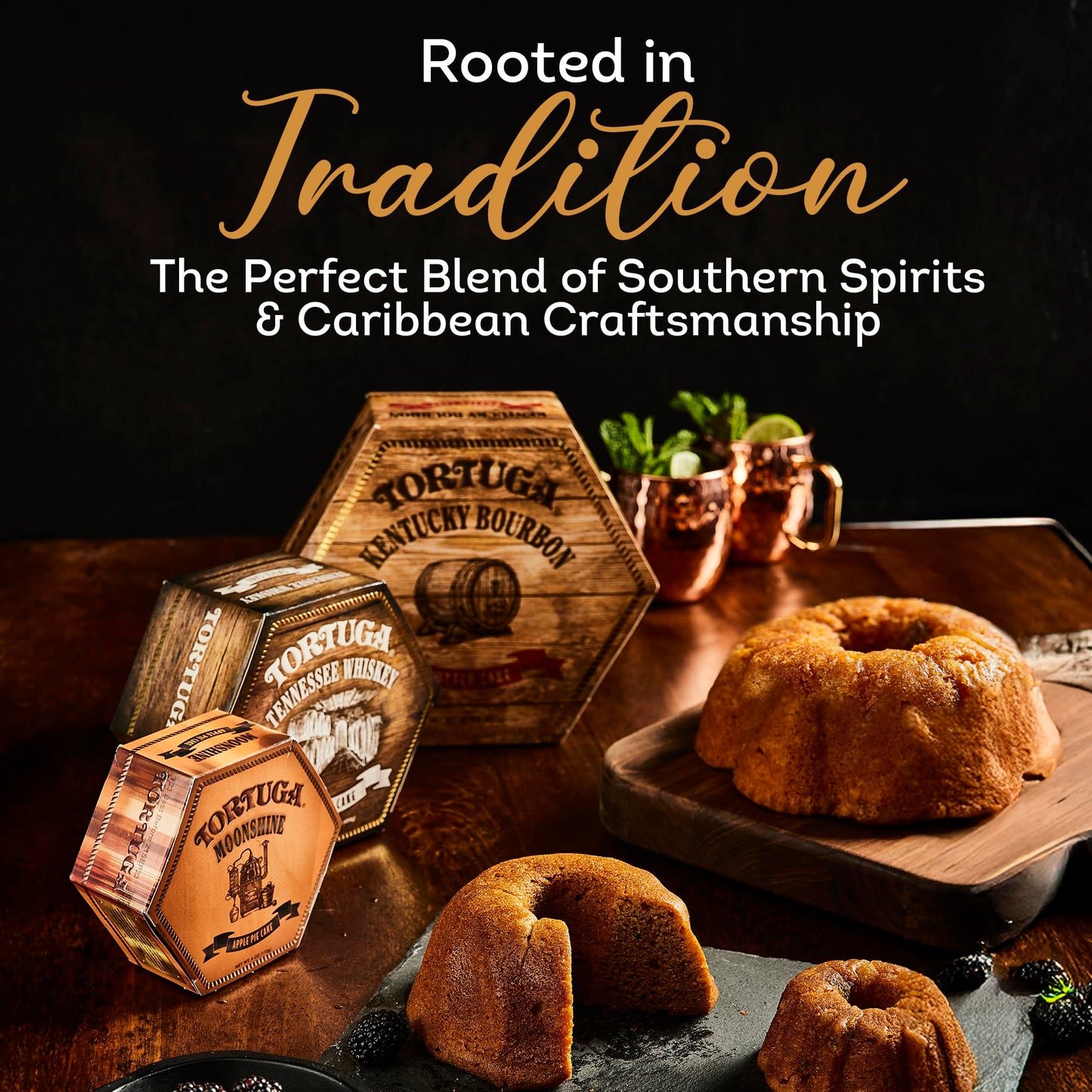 TORTUGA Southern Trio Gift Pack - Tennessee Whiskey, Kentucky Bourbon, & Moonshine Apple Pie - 3-4 oz Mini Cakes - The Perfect Premium Gourmet Gift for Gift Baskets, and Birthday Cakes for Delivery