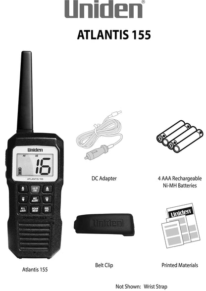 Uniden Atlantis 155 Handheld Two-Way VHF Marine Radio, Floating IPX8 Submersible Waterproof, Dual-Color Screen, All USA/International/Canadian Marine Channels, NOAA Weather Alert, 10 Hour Battery