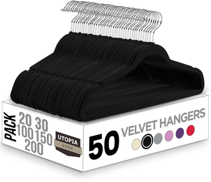 Utopia Home Velvet Hangers 50 Pack - Non-Slip Suit Hangers with 360 Degree Rotatable Hook - for Pants, Coats, Shirts & More (Black)