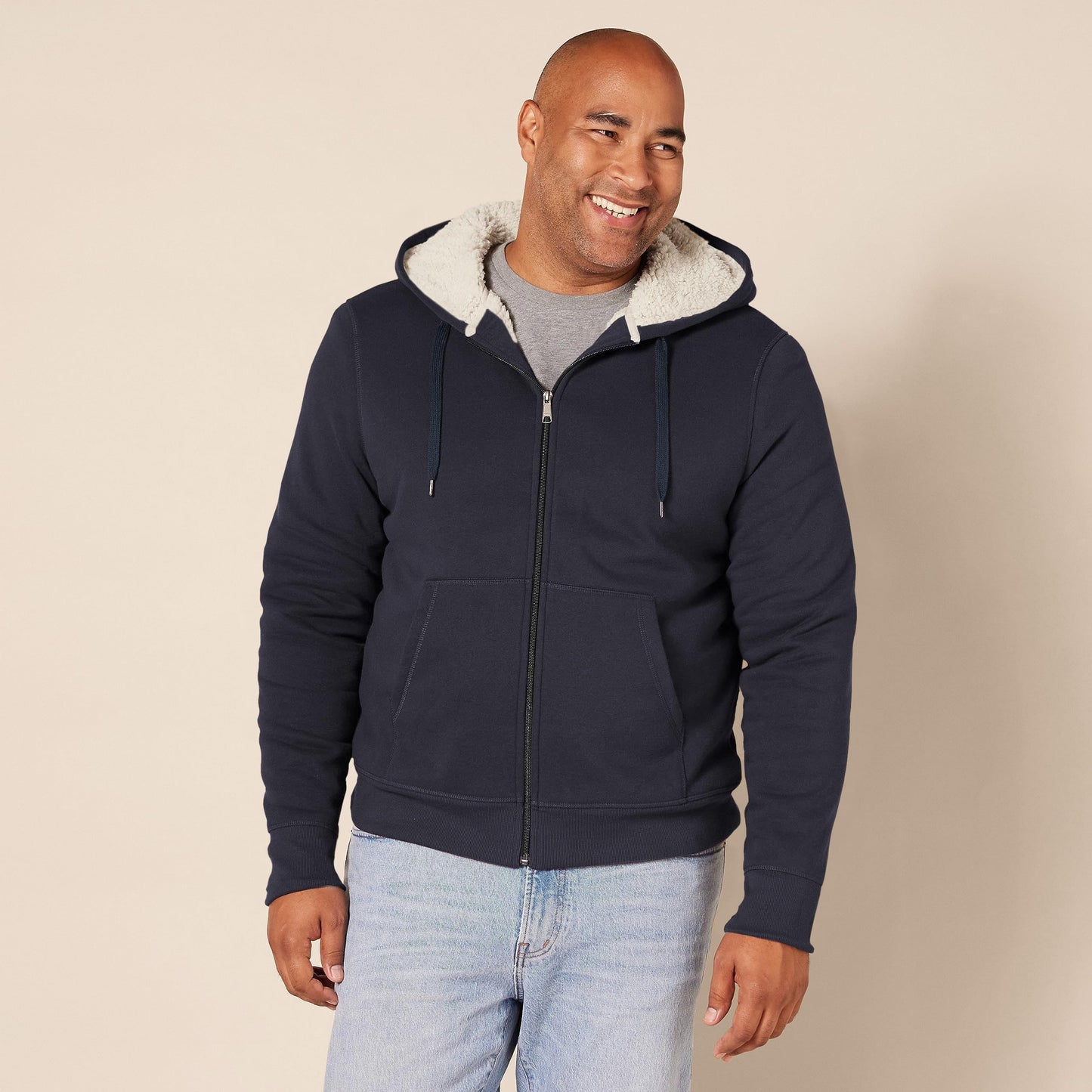 Amazon Essentials Hoodie For Men, Sherpa-Lined Full-Zip Fleece Sweatshirt, Large, Navy