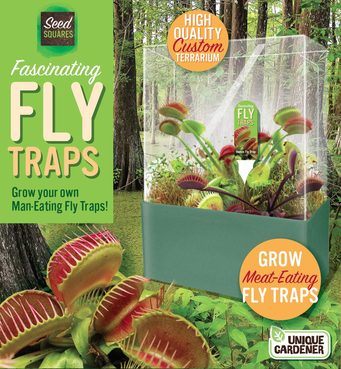 Unique Gardener Grow Your Own Venus Fly Trap, Complete Kids and Adults Square Terrarium Starter Kit to Plant Fascinating Man Eating Fly Traps, Includes All Supplies for Indoor Flytrap Terrariums