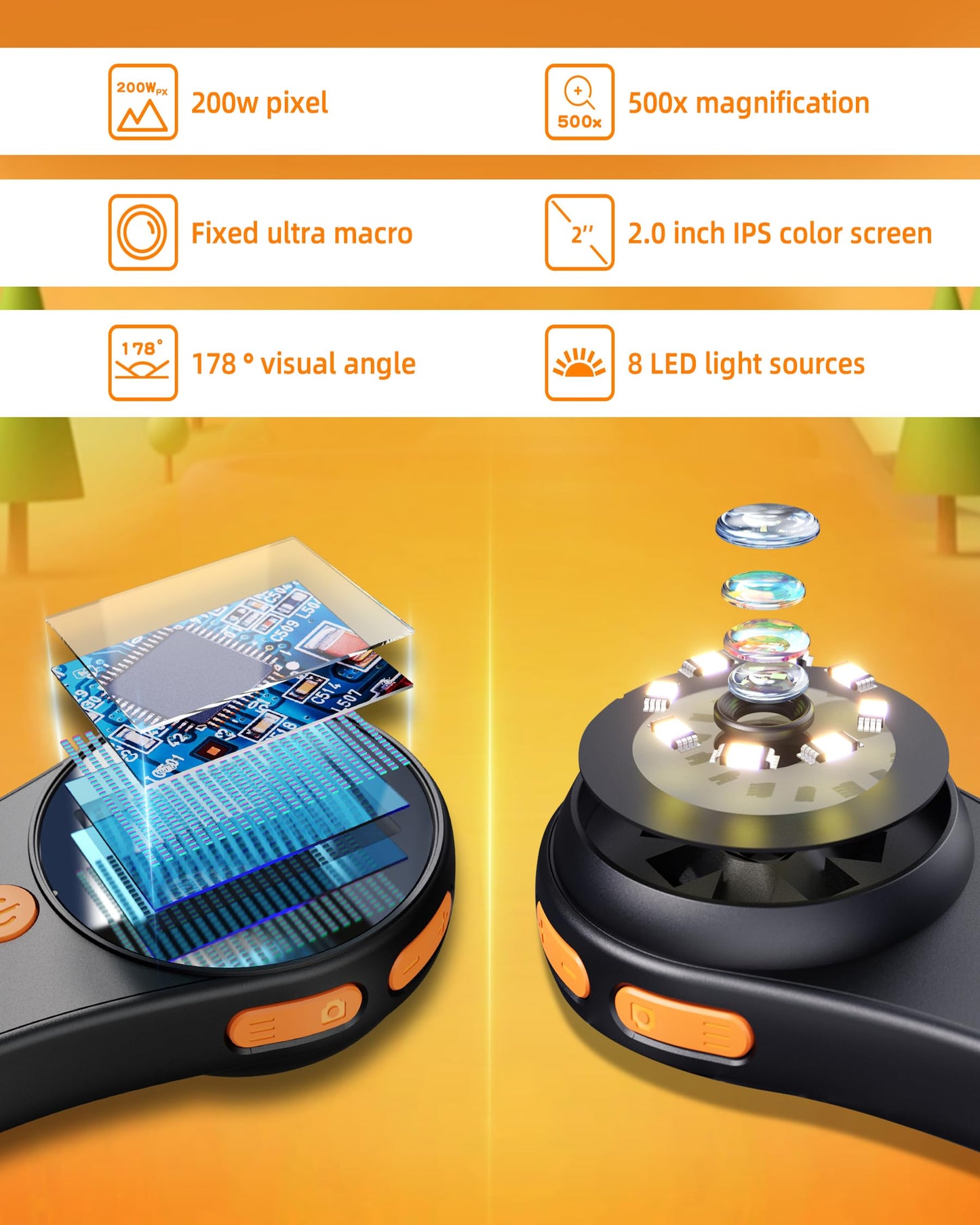 Digital Microscope Handheld 2.0 inch IPS Color Screen,Portable Digital Magnifying Glass 500x,Marco Microscope for Kids,Built-in 8LED Lights,USB Compatible with PC Windows, Mac OS