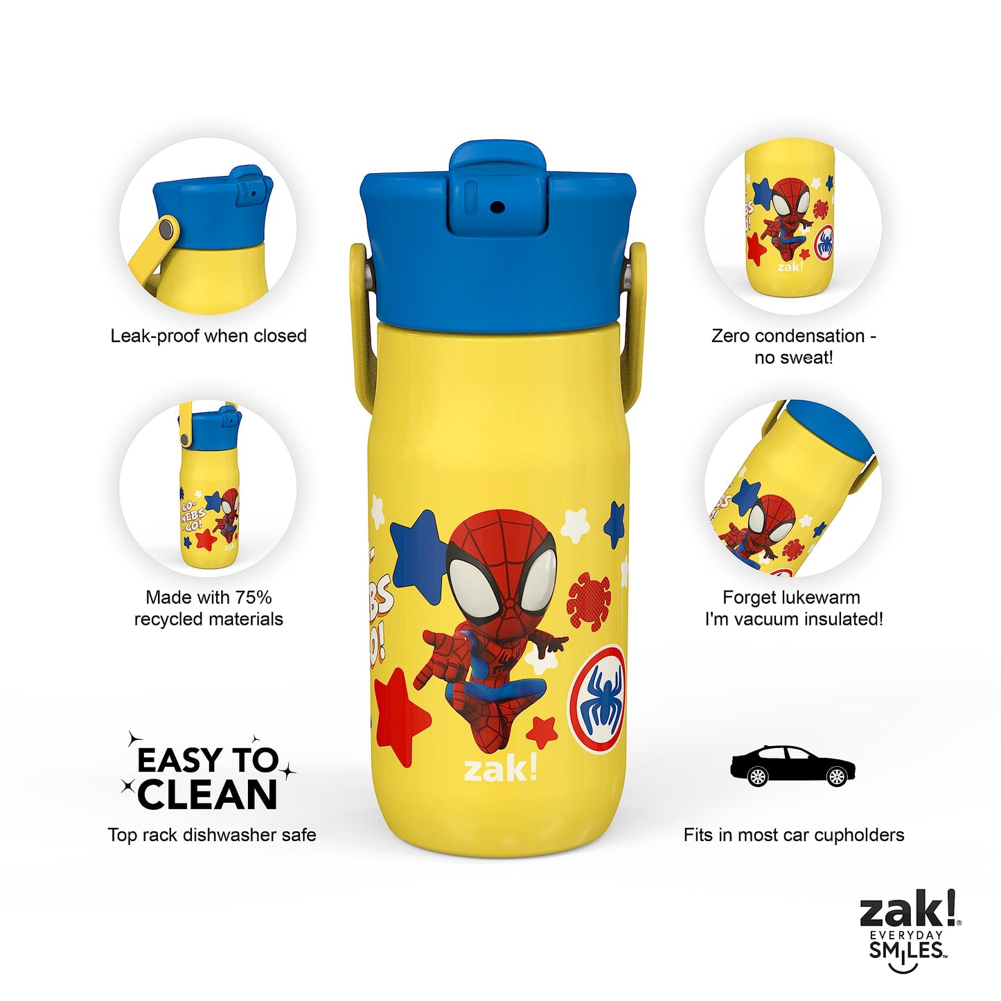 Zak Designs Harmony Marvel Spidey and His Amazing Friends Kid Water Bottle for Travel or At Home, 14oz Recycled Stainless Steel is Leak-Proof When Closed and Vacuum Insulated (Spiderman)