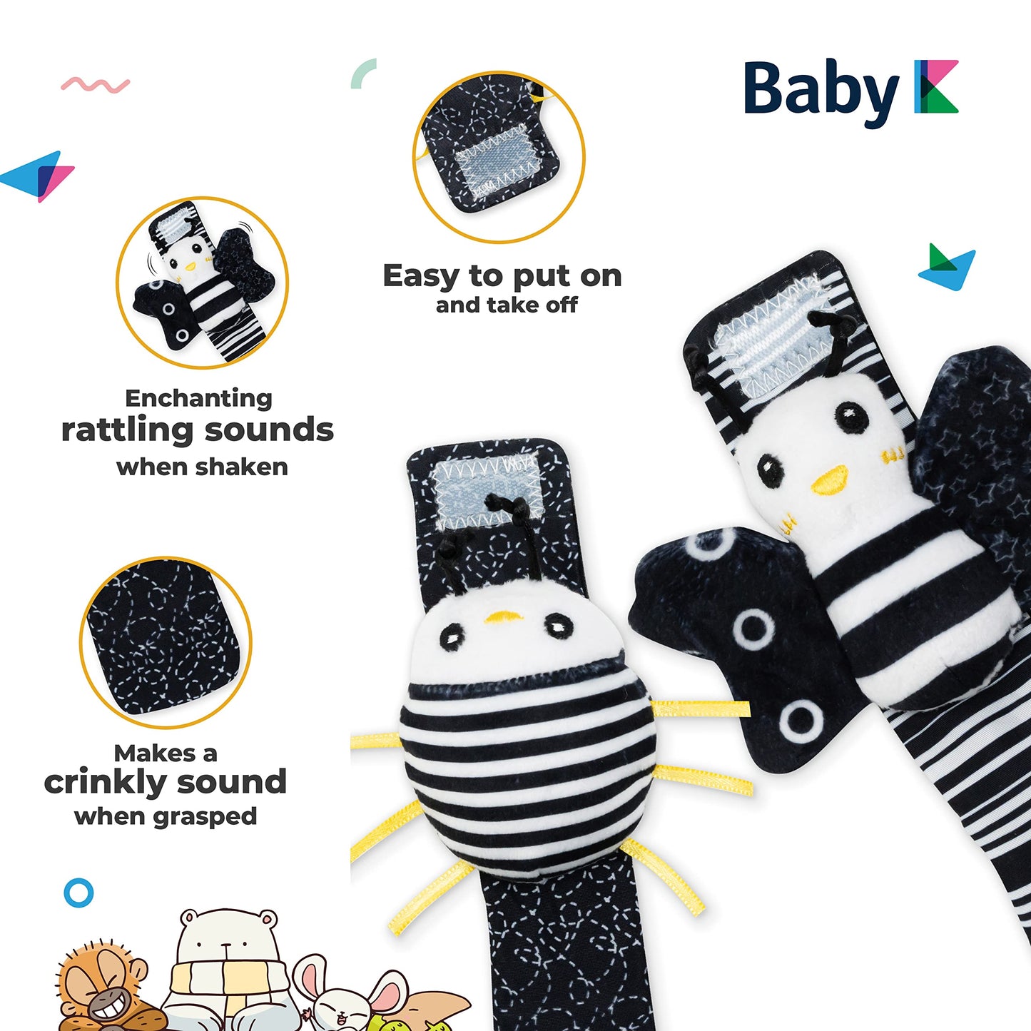 BABY K Baby Rattle Socks & Wrist Toys (Set E) - Newborn Toys for Baby Boy or Girl - Brain Development Infant Toys - Hand and Foot Rattles Suitable for 0-6, 6-12 Months Babies - Newborn Baby Gifts