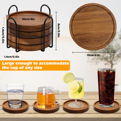 4 Pcs Wood Coasters for Drinks Absorbent, Wooden Coasters with Holder, Drink Coasters for Coffee Table, Absorbent Coaster Set for Table Protection Drink Coasters for Farmhouse, Office, Bar