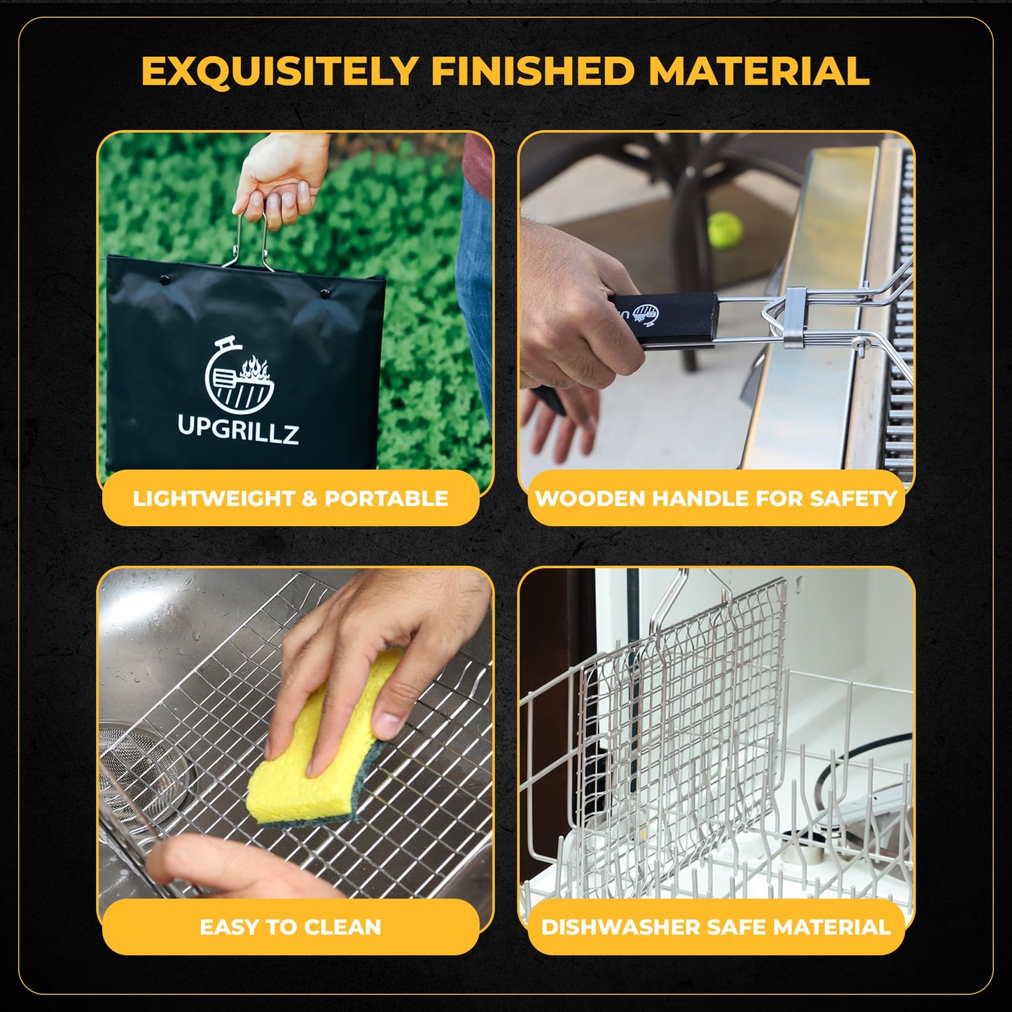 UPGRILLZ Fish Grill Baskets for Outdoor Grill Vegetables, Fish Grilling rack for Grill, BBQ Grilling Basket, Stainless steel Grill Basket for Veggies, shrimp Includes 50 skewers, Silicon Brush, and Carry Bag