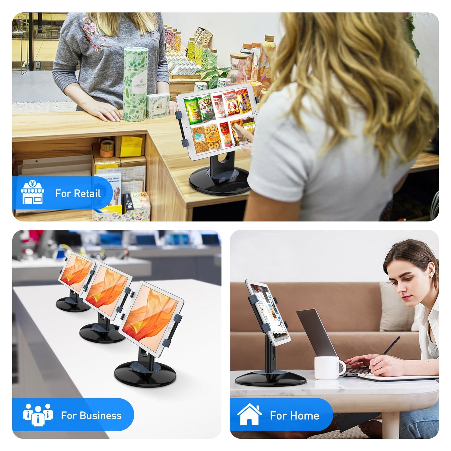 AboveTEK Retail Kiosk iPad Stand, 360° Rotating Commercial POS Tablet Stand, Fits 6"-13" (Screens) iPad mini Pro-Business Swivel Tablet Holder, for Store Office Reception Kitchen Desktop (Black)