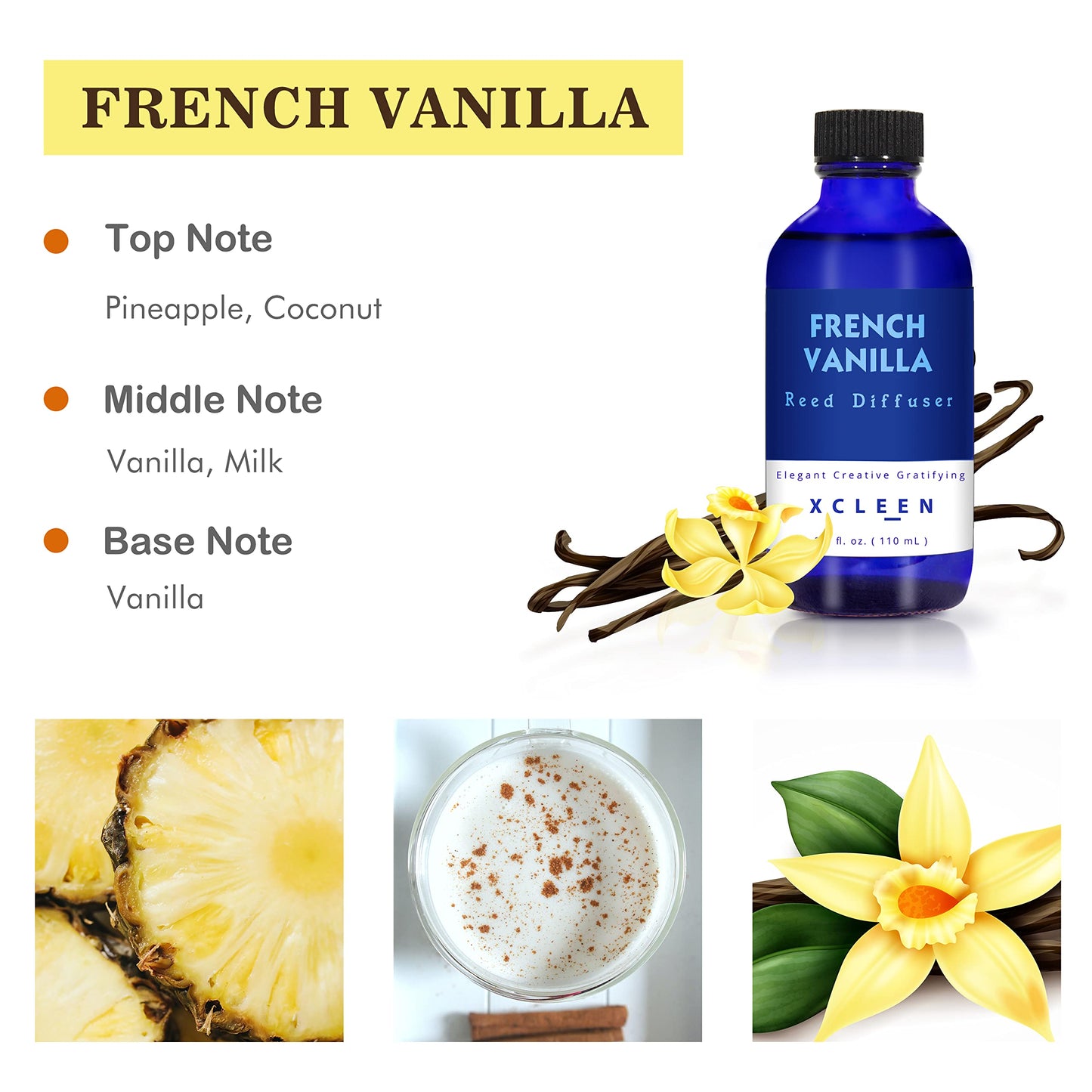 Xcleen Reed Diffuser Set with Sticks 3.7 Oz, Vanilla, Coconut & Milk Scented Fragrance Oil Diffuser for Home Bedroom & Kitchen, Long-Lasting Room Air Freshener, Mind & Body Aromatherapy, Gift Idea