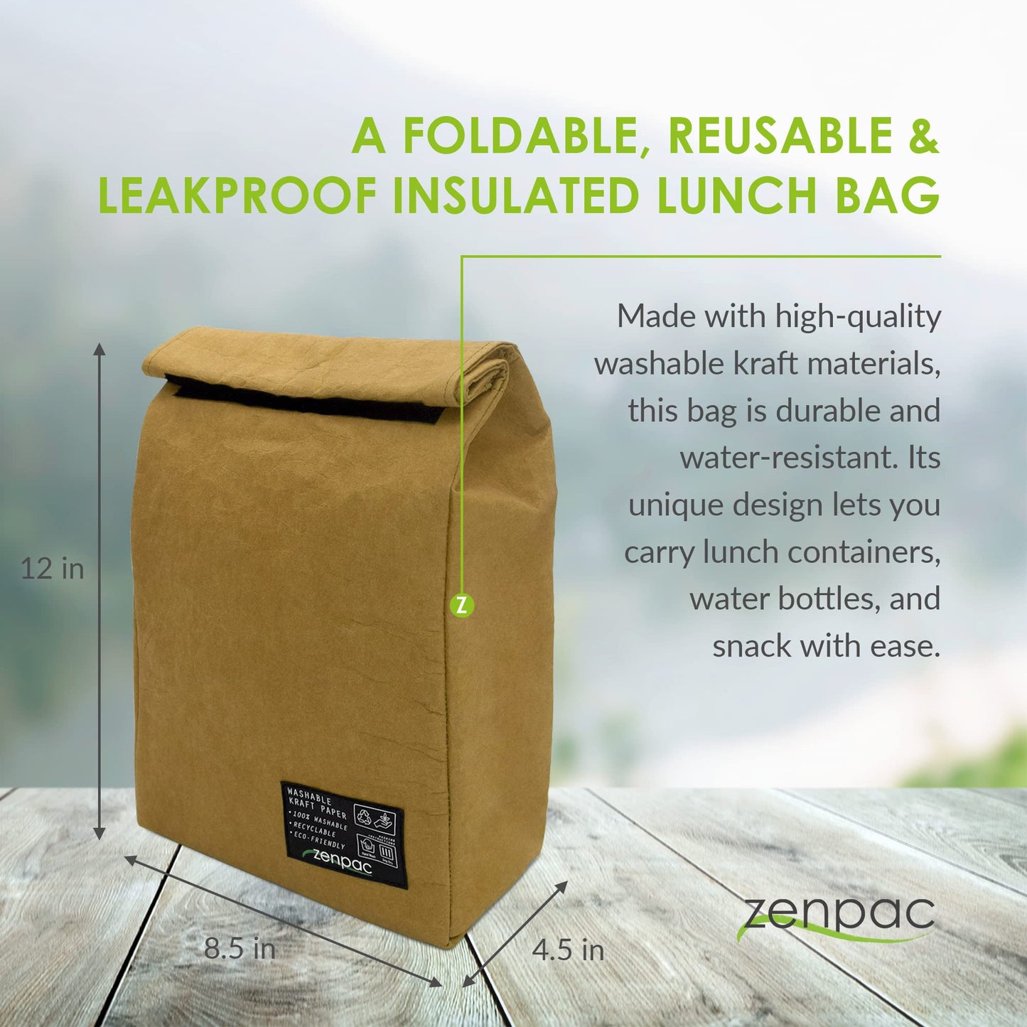 ZENPAC Small Brown Lunch Bag, Reusable & Washable Kraft, Leakproof Sack for Work, School, Picnic, Food, Beverages, Snacks, Travel, 8.5x4.5x12 Inches