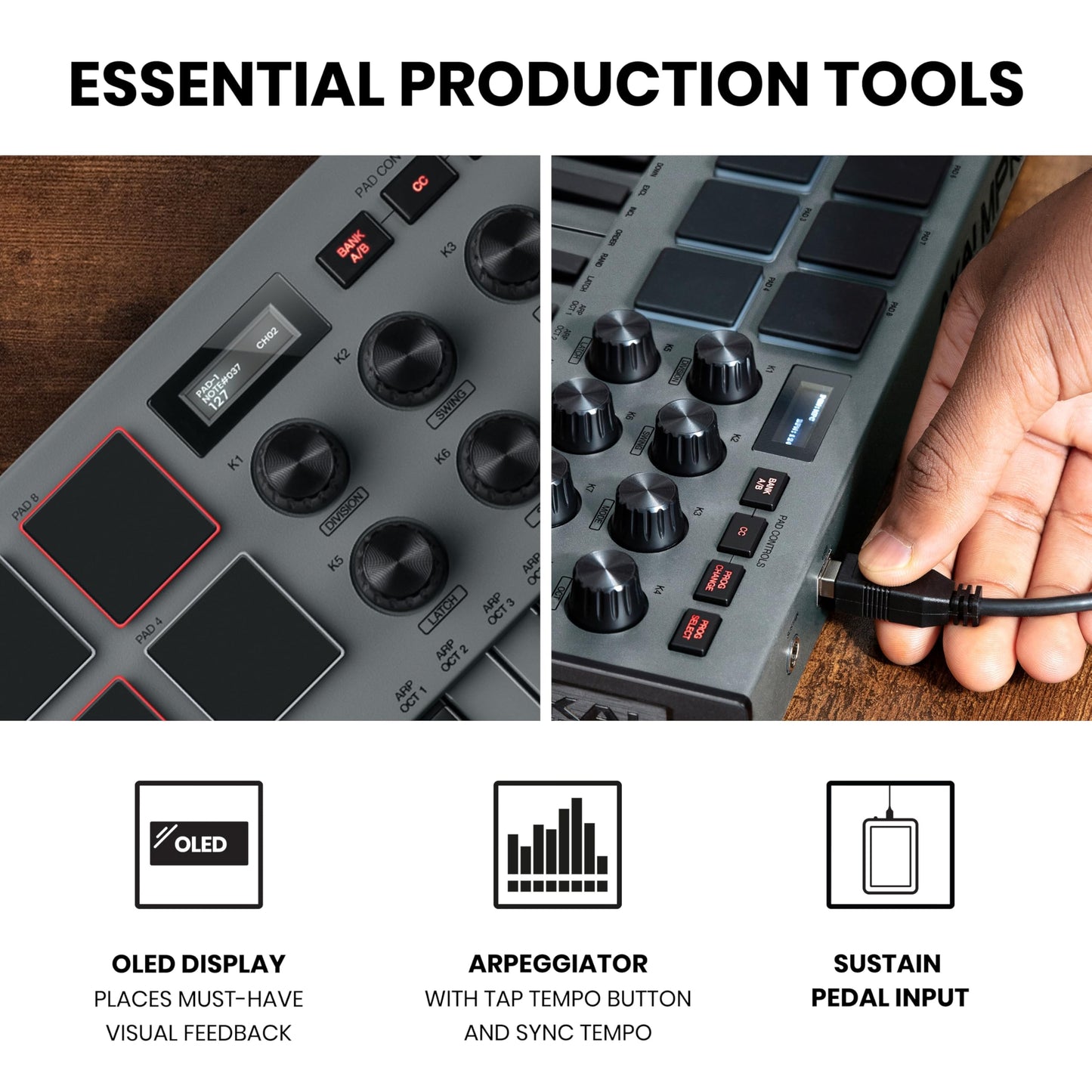 Akai Professional MPK Mini MK3 - 25 Key USB MIDI Keyboard Controller With 8 Backlit Drum Pads, 8 Knobs, Music Production Software and Native Instruments Sound Package (NKS Integration), Grey