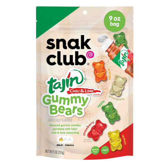 Snak Club Tajin Gummy Bears, Assorted Fruit Candy Gummies with Chili and Lime Seasoning, Mild, Gluten-Free and Vegan Snacks, 9 oz Resealable Bag