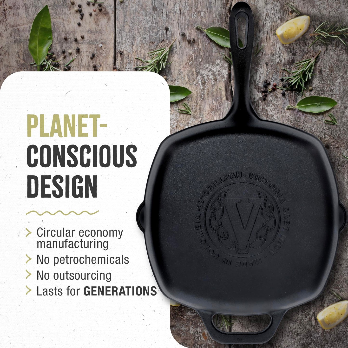 Victoria Cast Iron Grill Pan, Square Grill Pan, Cast Iron Griddle Pan, Seasoned with 100% Kosher-Certified, Non-GMO Flaxseed Oil, Black, 10 Inches