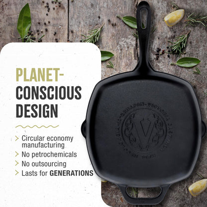 Victoria Cast Iron Grill Pan, Square Grill Pan, Cast Iron Griddle Pan, Seasoned with 100% Kosher-Certified, Non-GMO Flaxseed Oil, Black, 10 Inches