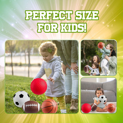 Bedwina Sports Balls for Kids & Toddlers - (Pack of 4) 5-inch Sports Set Includes Football, Soccer, Basketball, and Playground Ball, Fun Indoors & Outdoor Toys (Hand Pump Included)
