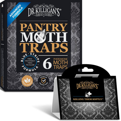 Dr. Killigan's Premium Double Potent Pantry Moth Traps with Pheromones Prime, Sticky Indian Meal Moth Traps for Kitchen, How to Get Rid of Moths in House, Organic Moth Pheromone Traps (6 Pack, Black)
