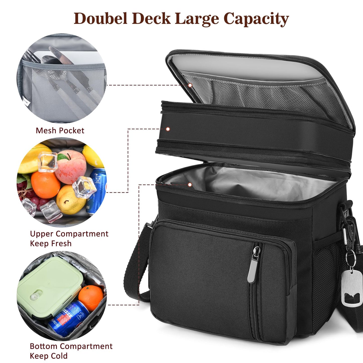 BAGNN Lunch Box & Lunch Bag for Men Women, Large Insulated Adult Lunch Box, Leakproof Cooler Lunchbox with Bottle Opener for Work Picnic Beach, 16L, Black