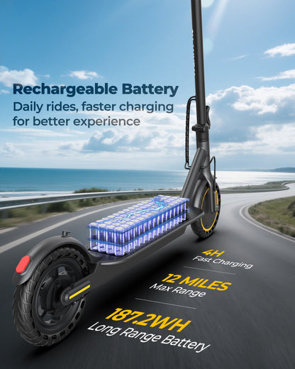 Electric Scooter with 350W Brushless Motor, 19 MPH Max Speed, 15 Miles Range, 8.5" Solid Tire, 3 Speed Modes, Cruise Control, Portable Commuter Escooter with APP, Dual Brake & E-Lock