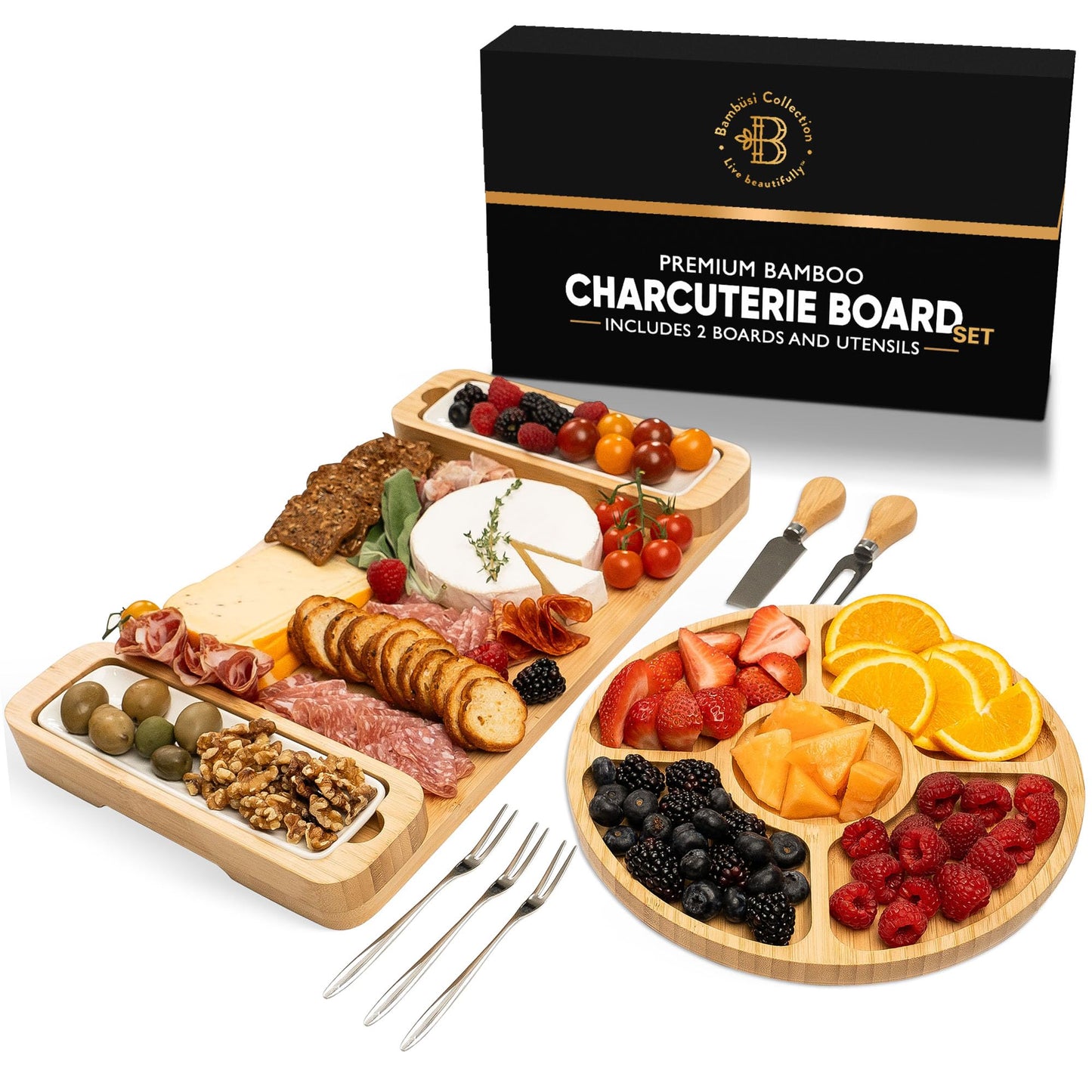 Charcuterie Board Gift Set - Bamboo Cheese Board & Serving Tray for Meat, Cheese, Crackers, Fruit - Large Wooden Charcuterie Boards for Parties - Wedding Gift, Housewarming, Gifts for Women & Couples