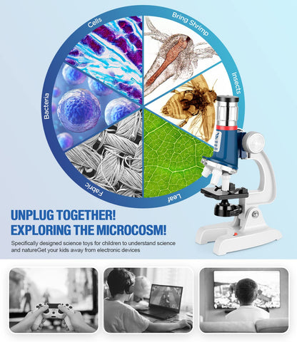 58-Piece Kids Microscope Kit - 100X-1200X Magnification, Metal Body, LED Light, Carrying Box - Science Experiment Toy for Kids Ages 5-12
