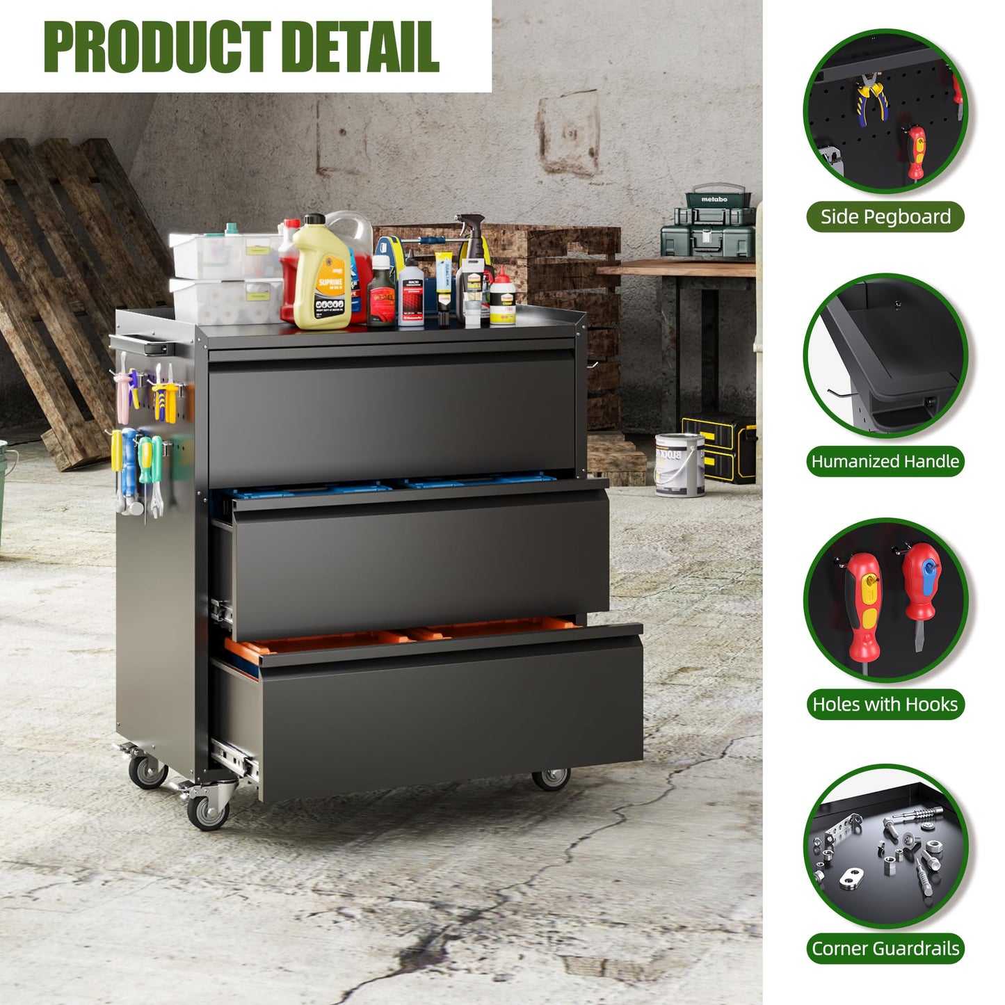 SUXXAN Metal Storage Cabinet with 3 Drawer and 4 Hooks,35.4" H Top Workbench Mobile Tool Chests Garage Cabinets with 4 Wheels,Tool Cabinets for Home,Office,Shop