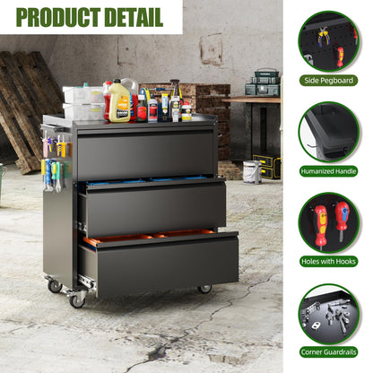 SUXXAN Metal Storage Cabinet with 3 Drawer and 4 Hooks,35.4" H Top Workbench Mobile Tool Chests Garage Cabinets with 4 Wheels,Tool Cabinets for Home,Office,Shop