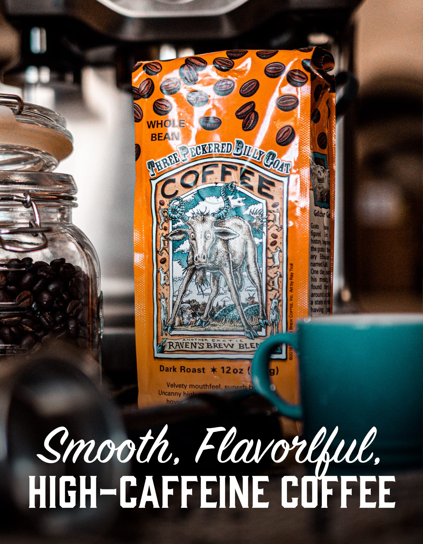 Raven's Brew Coffee Three Peckered Billy Goat, 12 Ounce - Dark Roast - Full Body with a Long Sweet Finish (Whole Bean, 12 oz)