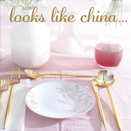 [6'' Plates 40 Count] White Plastic Floral Design Party Plates With Gold Rim Premium heavyweight Elegant Disposable Tableware Dishes