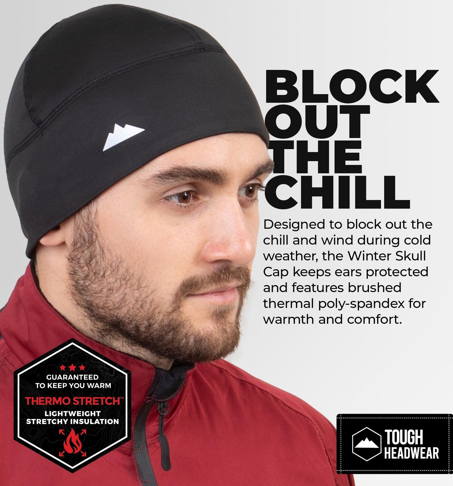 Tough Headwear Skull Cap - Skull Caps for Men and Women - Motorcycle Bike or Football Helmet Liner - Warm Mens Womens Head Liners - Winter Running Beanie Hat - Black