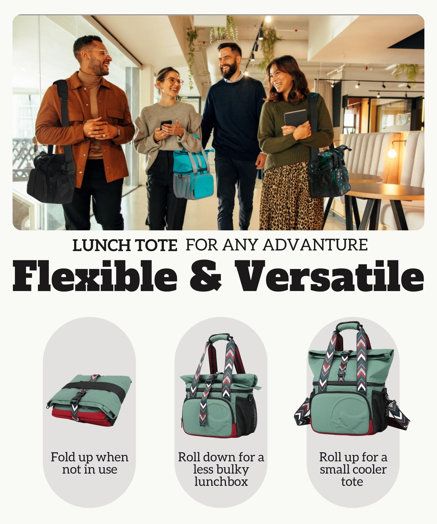 SUNNY BIRD Dual Compartment Lunch Bag Insulated Lunch Box for Women and Men (Green with boho strap)