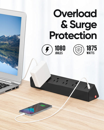 Desk Clamp Power Strip, 1875W Surge Protectors with 2 USB A, 2 USB C Ports, 4 AC Outlets, Desk Mount Charging Station, Fit 1.7 inch Tabletop Edge Thick, Desktop Outlets for Home Office.