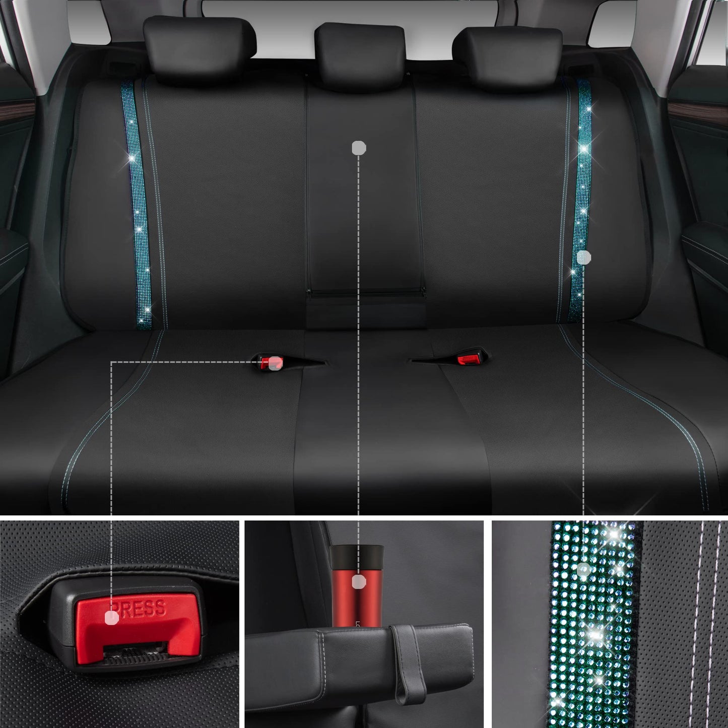 CAR PASS Bling Car Seat Covers Full Set, Shining Rhinestone Diamond Waterproof Faux Leather Universal Fit 95% Automotive Glitter Crystal Sparkle Strips for Cute Women Girl, Full Set (Mint Diamond)