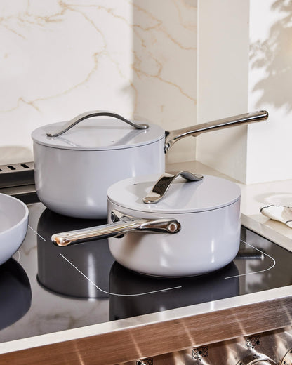 Caraway Nonstick Ceramic Sauce Pan with Lid (1.75 qt) - Non Toxic, PTFE & PFOA Free - Oven Safe & Compatible with All Stovetops (Gas, Electric & Induction) - Gray