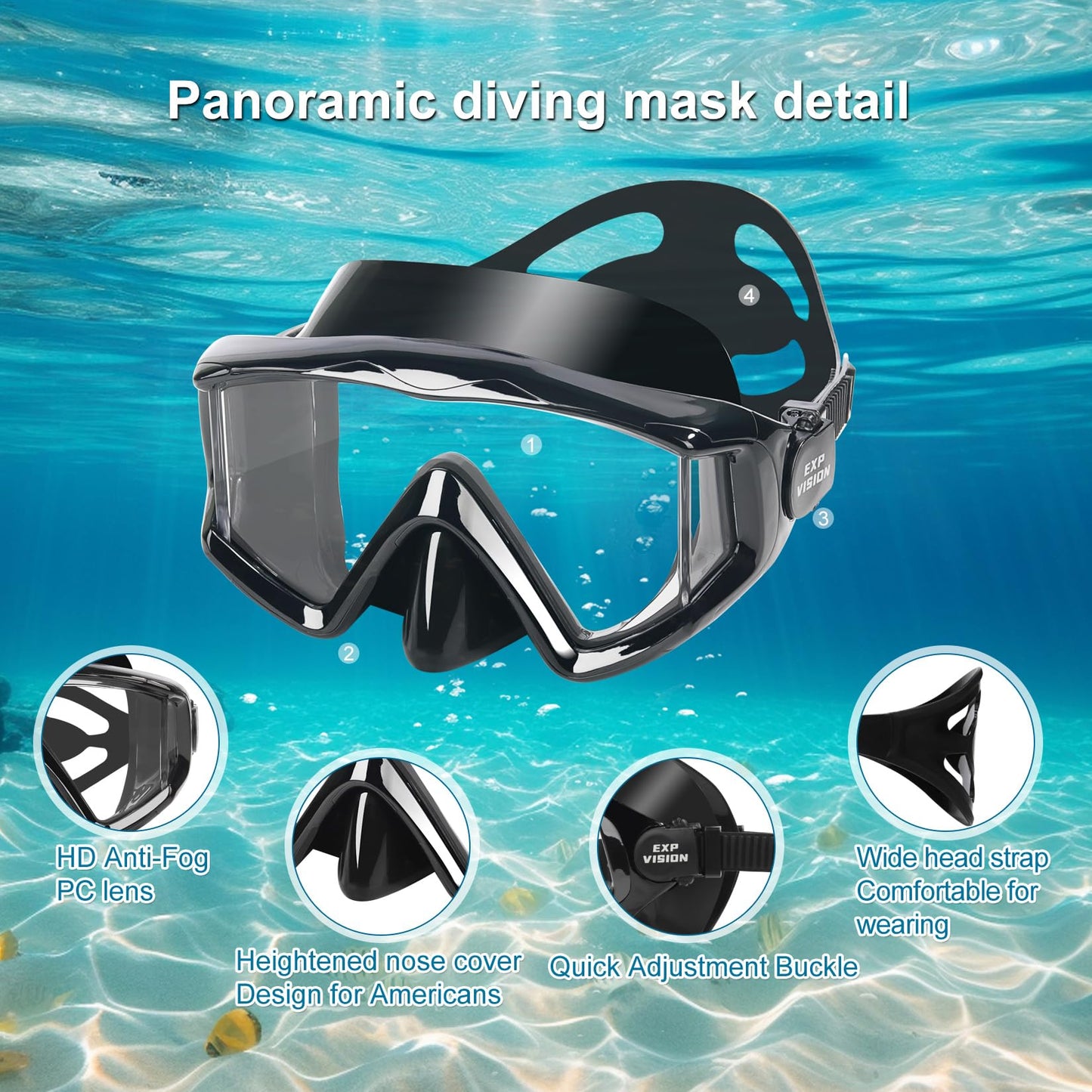 Snorkel Set Pano 3 Window Adult Snorkeling Gear, Professional Snorkel Goggles Anti-Fog Diving Mask, Anti-Leak Swim Goggles and Dry Top Snorkel for Diving, Snorkeling, Swimming (Black-2 Pack)
