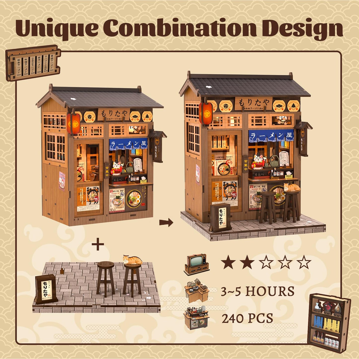 Fsolis Japanese Book Nook Kit - DIY Miniature Scene House Kit, 3D Puzzles for Adults, 220 Wooden Pieces, Tiny House Mini Booknook Craft Shelf Decor, Gifts for Women Model Lovers (Morita-Ya Ramen)