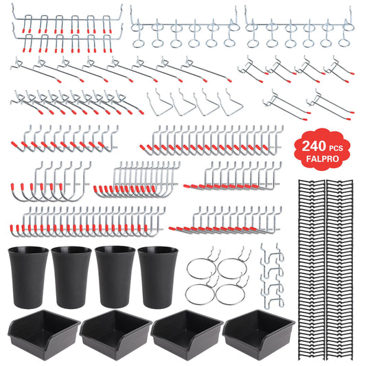 FALPRO 240PCS Pegboard Hooks Assortment, Pegboard Organizer Kit with Bins, Cups, 1/8 and 1/4 inch Hooks for Hanging Tools, Garage Wall Organization