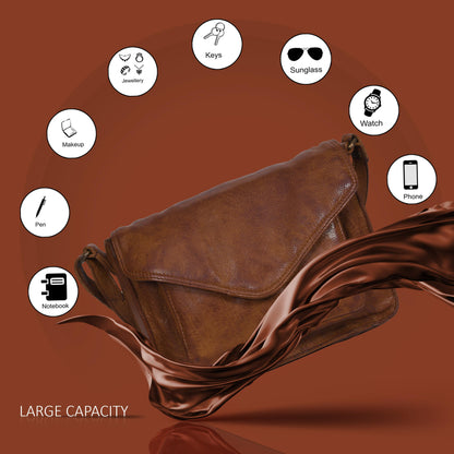 Leather Flapover Crossbody Handbag Purse for Women with Adjustable Strap & Overflap Snap Closure Tote/Bag (Tan wash)