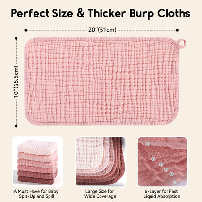 Unnivoll Muslin Burp Cloths for Baby 100% Cotton Burping Cloths for Boys Girls Large 20''X10'' Extra Soft and Absorbent 12 Pack - Gradient Pink